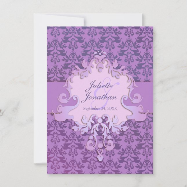 Eleganter Elefantendamast lila Hochzeitseinladung Einladung (Vorderseite)