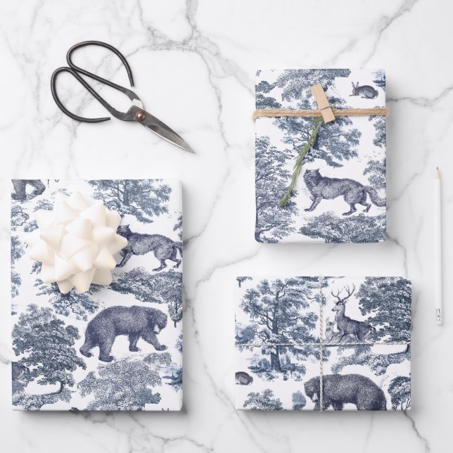 Eleganter, eleganter, rustikaler Blauwaldtiertoil Geschenkpapier Set (Vorderseite)