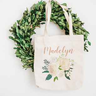 Eleganter Elfenbein-Rosen-Grün Bouquet-Name Tragetasche