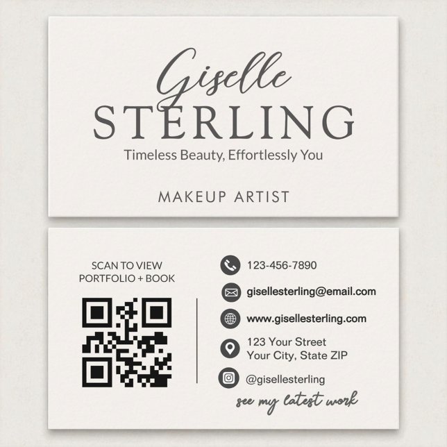 Eleganter Elvory White Script Modern QR Code Visitenkarte (Von Creator hochgeladen)