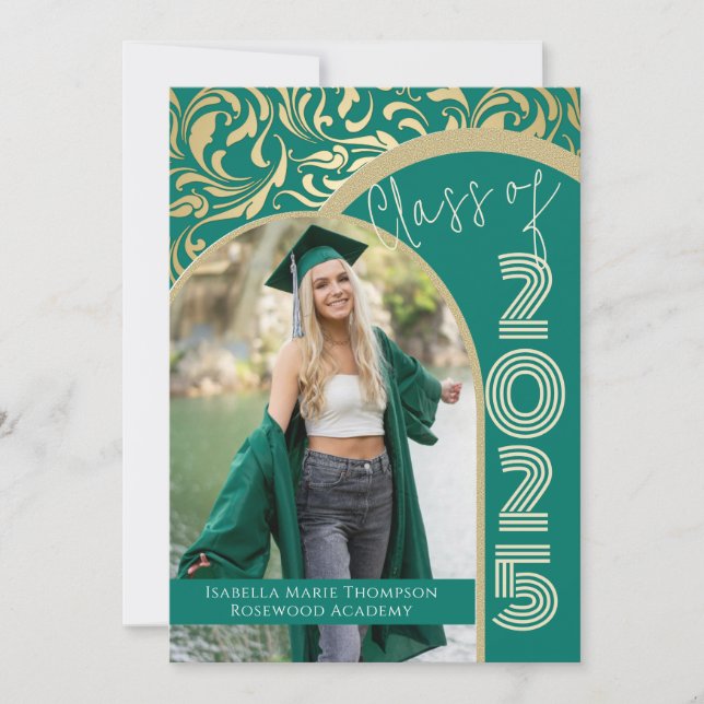 Eleganter Emerald Green & Gold Arch Foto Abschluss Einladung (Vorderseite)