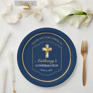 Eleganter Empfang zur Bestätigung von Blue Gold Bo Pappteller