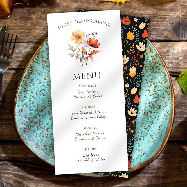 Eleganter Erntedank Abendessen am Flora Rustikale  Menükarte (Floral Elegant Thanksgiving Dinner Menu)