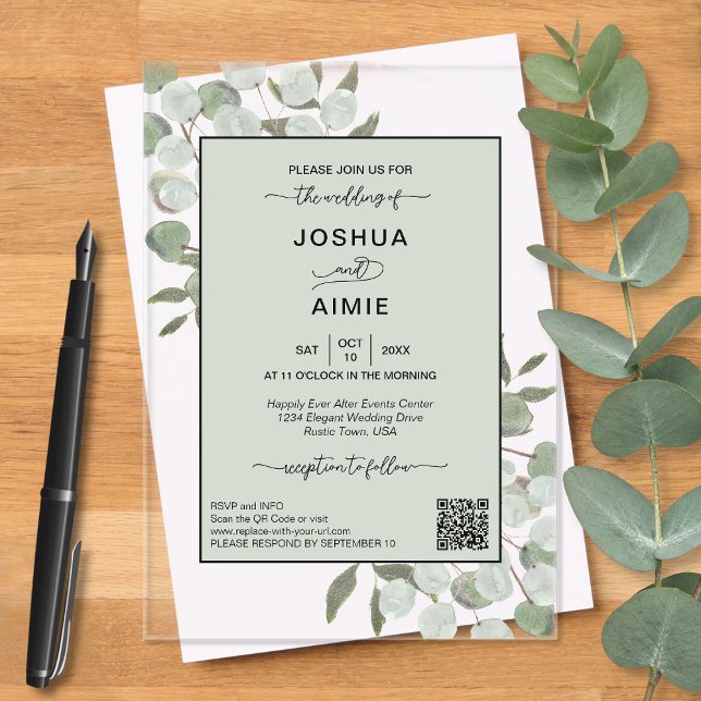 Eleganter Eucalyptus Moderner QR Code Hochzeit Acryleinladungen (Clear Acrylic with Rectangle Cut)