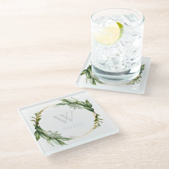 Eleganter Eucalyptus Monogram Glass Untersetzer (Schrägansicht)