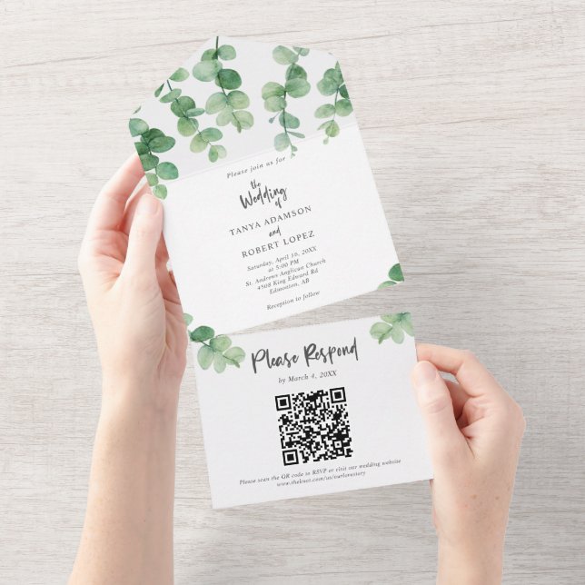 Eleganter Eucalyptus Wedding Botanical QR Code All In One Einladung (Abreißen)