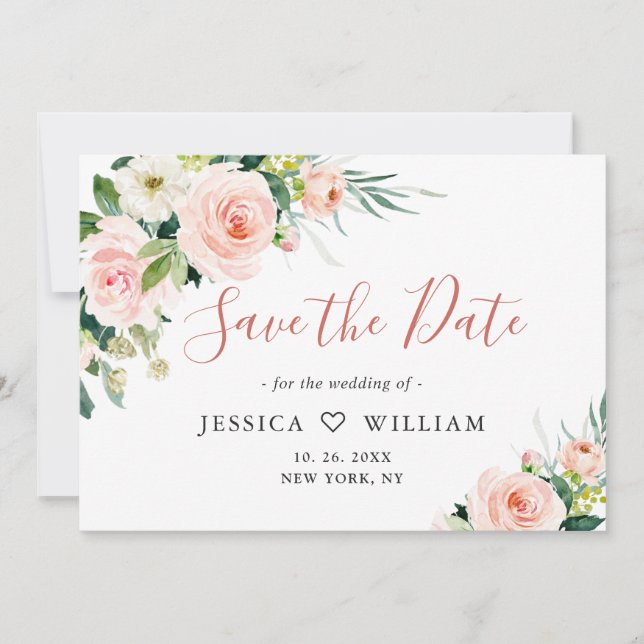 Eleganter Eukalyptus Blush Pink Blume Hochzeit Save The Date (Vorderseite)