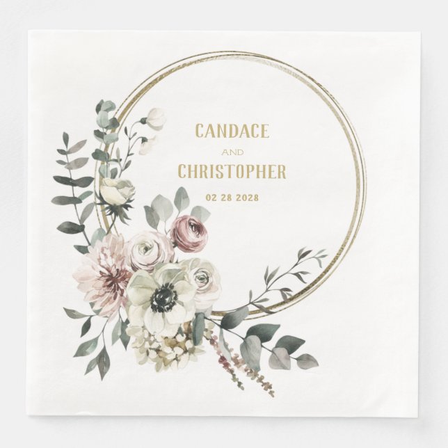 Eleganter Eukalyptus Blush White Floral Gold Rahme Serviette (Vorderseite)
