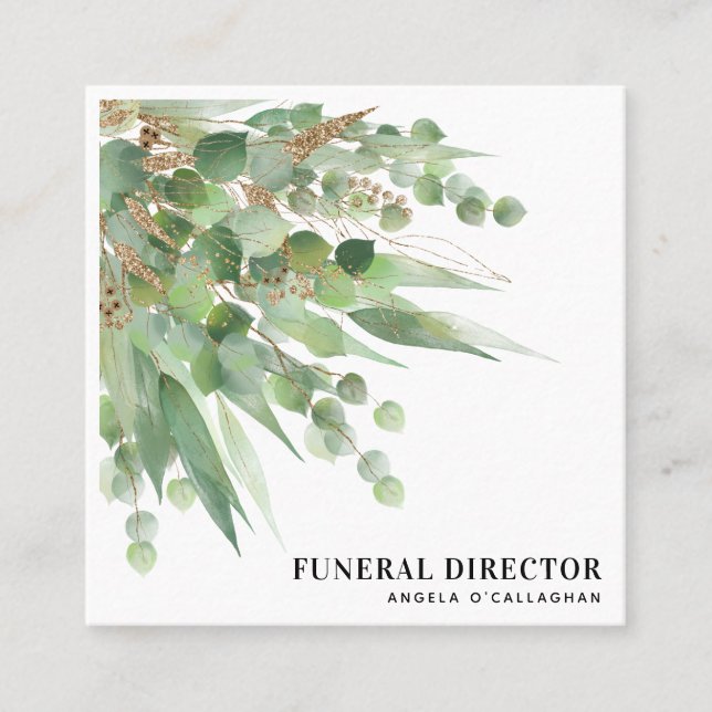 Eleganter Eukalyptus Foliage & Gold Glitzer Quadratische Visitenkarte (Vorderseite)