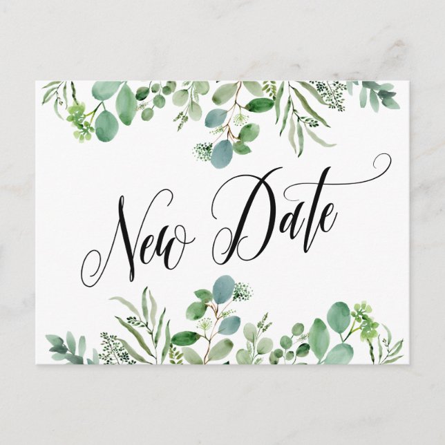 Eleganter Eukalyptus - Neuer Termin auf Hochzeit v Postkarte (Vorderseite)