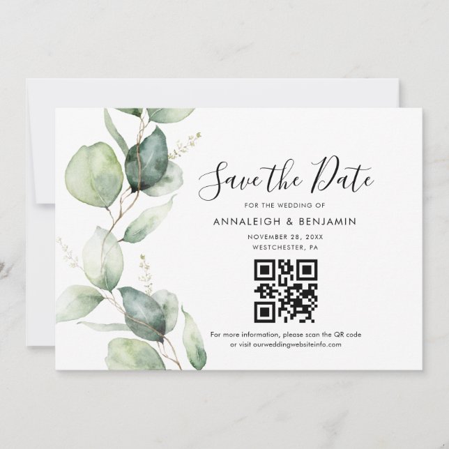 Eleganter Eukalyptus-QR-Code-Hochzeit Termin merke Save The Date (Vorderseite)
