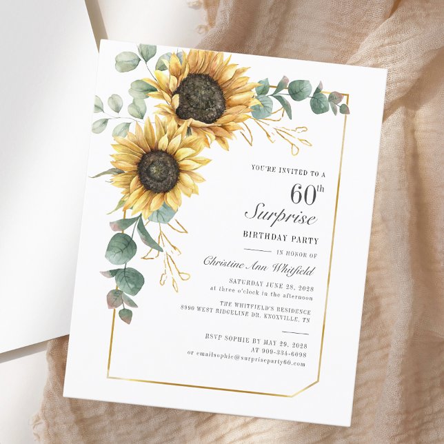 Eleganter Eukalyptus-Sonnenblumen-Script zum 60. G (Elegant Eucalyptus Sunflower Script 60th Birthday)