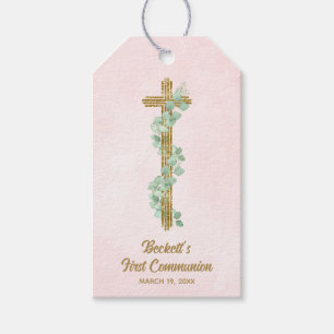 Eleganter Eukalyptus und rosa Kreuzrosa Erste Komm Geschenkanhänger