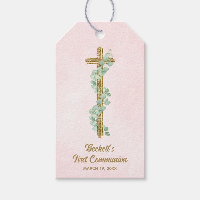 Eleganter Eukalyptus und rosa Kreuzrosa Erste Komm Geschenkanhänger (Vorderseite)