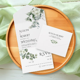 Eleganter Eukalyptus und weiße Blume Hochzeit All In One Einladung