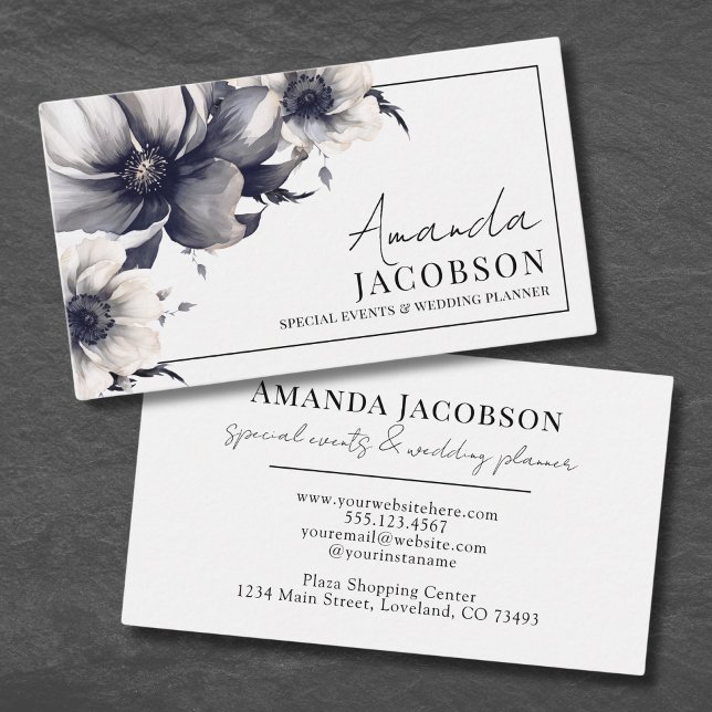 Eleganter Event-Hochzeitsplaner Schwarz-weiß Visitenkarte (Elegant Event Wedding Planner Black White Floral Business Card)
