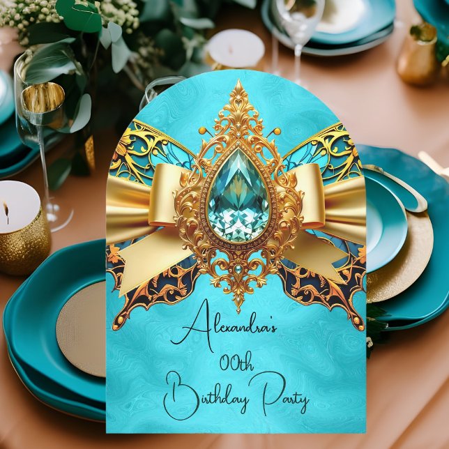 Eleganter Exotic Birthday Aquamarin Gold Jewel But Einladung (Von Creator hochgeladen)