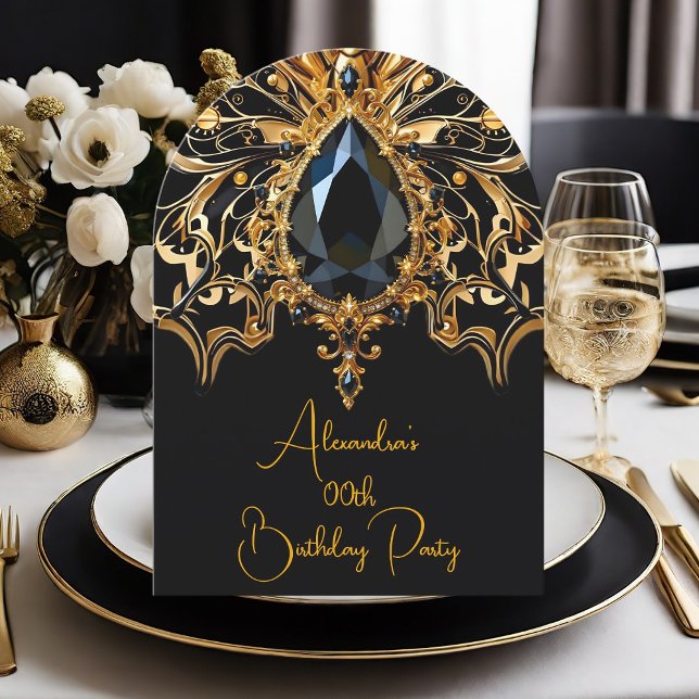 Eleganter Exotic Birthday Black Gold Jewel Butterf Einladung (Von Creator hochgeladen)