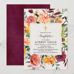 Eleganter Fall blumenburgundische Aquarelltaufe Einladung