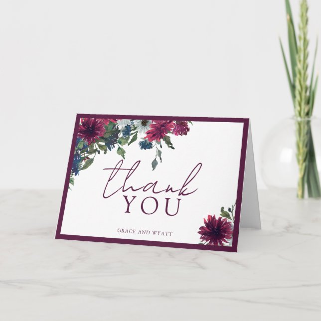 Eleganter Fall Floral Burgundy Skript Herbsthochze Dankeskarte (Vorderseite)