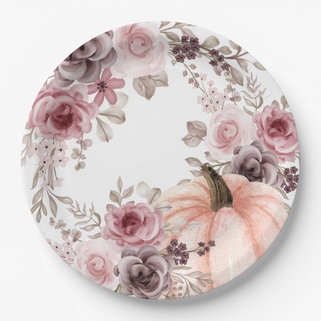 Eleganter Fall Floral Pumpkin Neutrals Wasserfarbe Pappteller (Vorderseite)