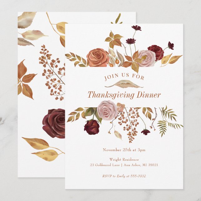 Eleganter Fall Floral Woodland Erntedank Einladung (Vorne/Hinten)