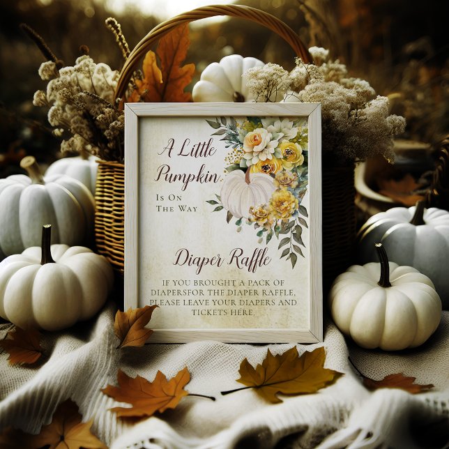 Eleganter Fall Gold Floral | Pumpkin Diaper Raffle Poster ("A Little Pumpkin Is On The Way" White Pumpkin and Gold Floral Baby Shower Diaper Raffle Poster Sign)