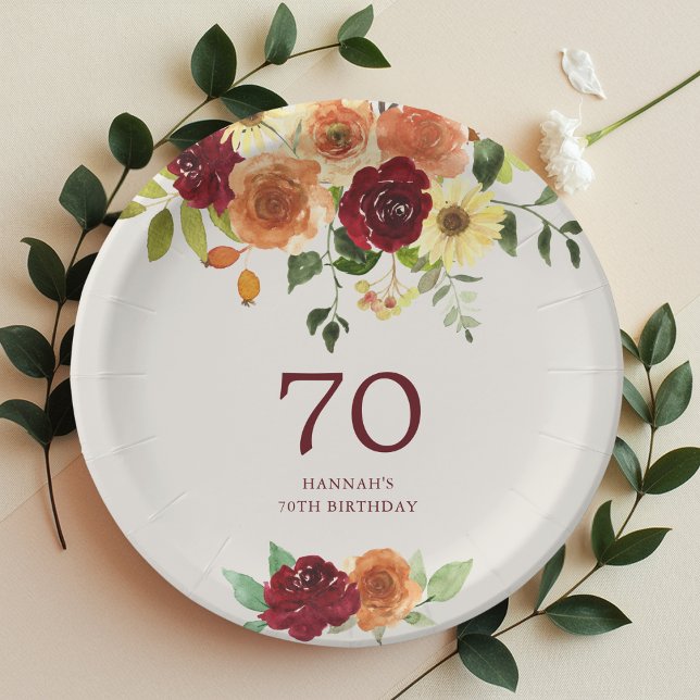 Eleganter Fall | Herbst Floral 70. Geburtstag Pappteller (Von Creator hochgeladen)