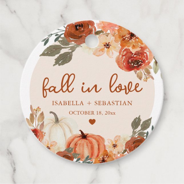 Eleganter Fall in Liebe Boho Pumpkin Hochzeit Geschenkanhänger (Vorderseite)