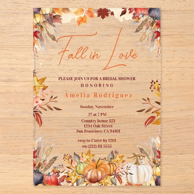 Eleganter Fall in Liebe Brautparty Pumpkin Blume Acryleinladungen (Vorderseite)