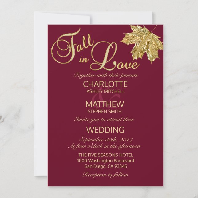 Eleganter FALL in Liebe Burgund Marsala Hochzeit Einladung (Vorderseite)