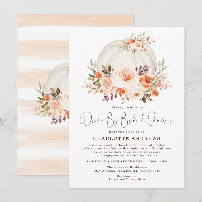 Eleganter Fall Pumpkin Floral Drive by Brautparty Einladung (Vorne/Hinten)