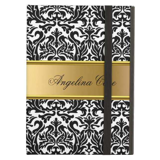 Eleganter Fall Schwarz-weiß Damask Gold Name (Vorderseite Geschlossen)
