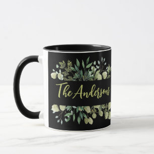 Eleganter Familienname botanische Blätter schwarz Tasse