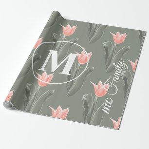 Eleganter Familienname Monogramm Pfirsich Tulpen M Geschenkpapier