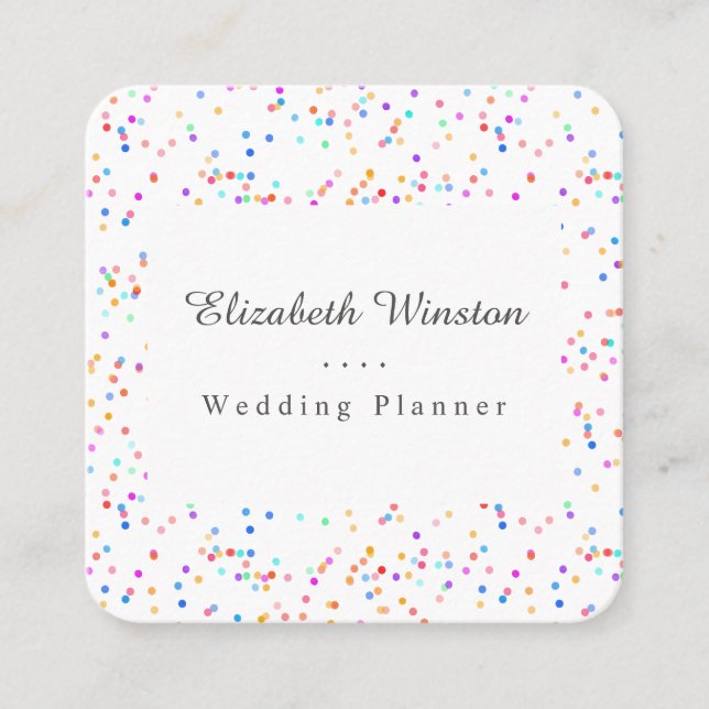 Eleganter farbenfroher Confetti Script Square Quadratische Visitenkarte (Vorderseite)