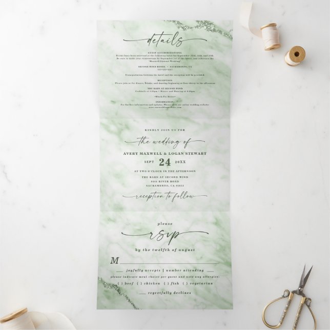 Eleganter Fern Green Marble mit Foil Wedding Dreifach Gefaltete Einladung (Innenseite)