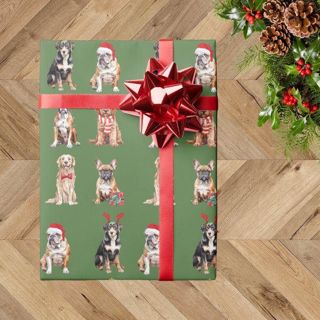 Eleganter festlicher grüner Welpenhund Weihnachten Geschenkpapier (Von Creator hochgeladen)