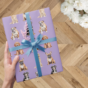 Eleganter festlicher Lila Welpenhund Geburtstag Geschenkpapier
