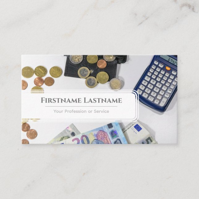 Eleganter Finanzexperte mit weißem Euro-Geld Visitenkarte (Vorderseite)