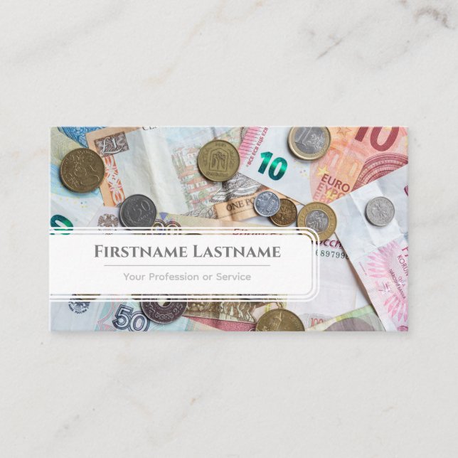 Eleganter Finanzexperte mit weißem Euro-Geld Visitenkarte (Vorderseite)