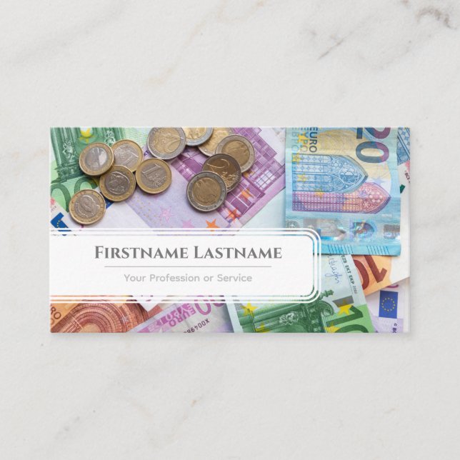 Eleganter Finanzexperte mit weißem Euro-Geld Visitenkarte (Vorderseite)