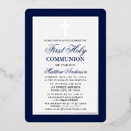 Eleganter First Holy Communion Cross Silver Frame Folieneinladung