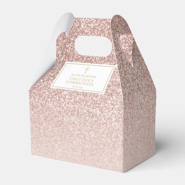 Eleganter First Holy Communion Rose Gold Glitzer Geschenkschachtel (Vorderseite)