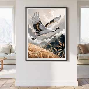 Eleganter fliegender Kranich über einer goldenen W Poster
