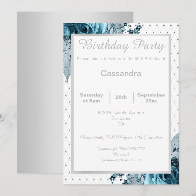 ELEGANTER FLORAL AQUA BLUE SILVER NETTING GEBURTST EINLADUNG (Vorne/Hinten)