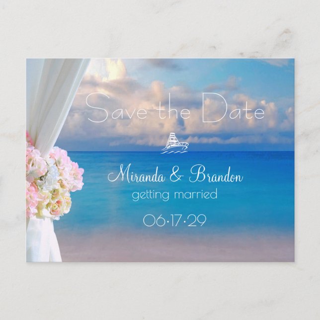 Eleganter Floral Beach Sommer Sunset Save the Date Ankündigungspostkarte (Vorderseite)