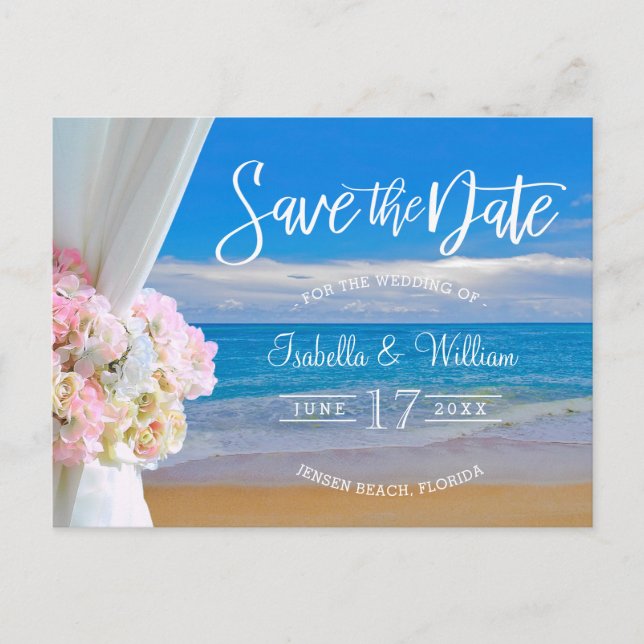 Eleganter Floral Beach Summer Wedding rettet das D Ankündigungspostkarte (Vorderseite)