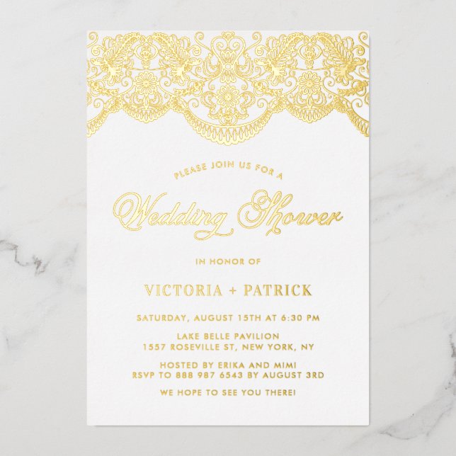 Eleganter Floral Brocade Lace Polterabend Folieneinladung (Vorderseite)