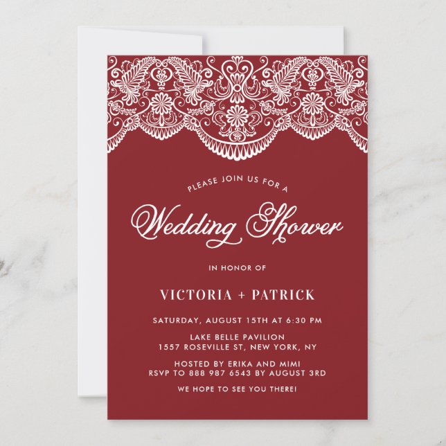 Eleganter Floral Brocade Lace Roter Polterabend Einladung (Vorderseite)